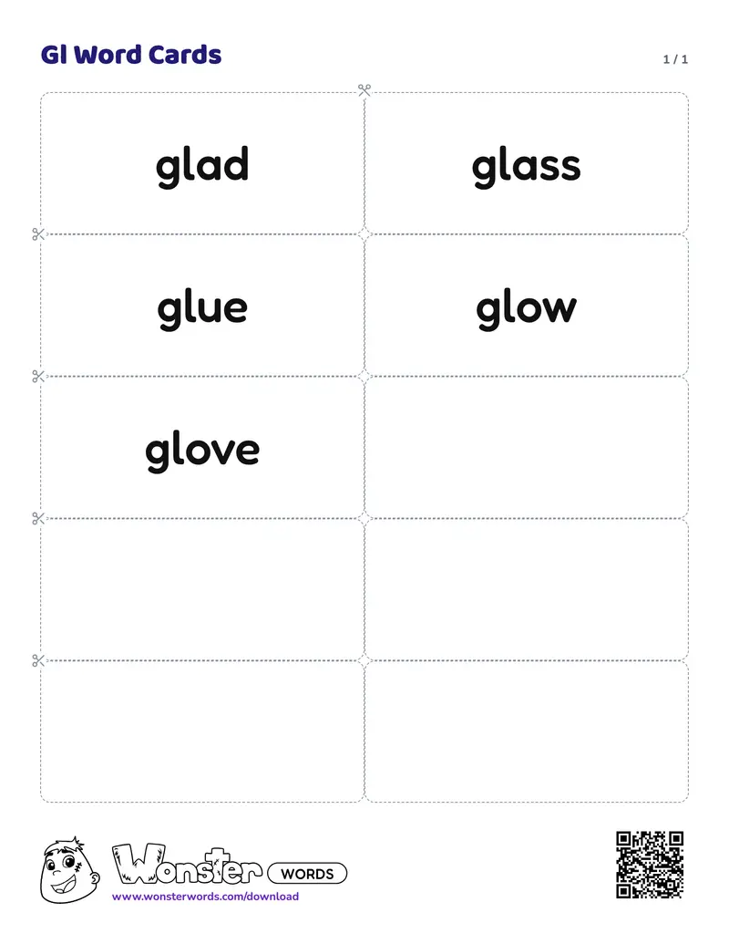 The Gl Word Cards worksheet: 5 cards