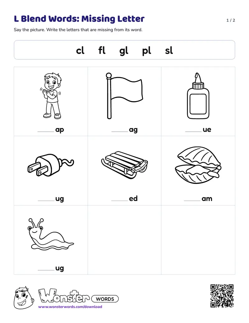 Page 1 of the L Blend Words: Missing Letter worksheet (2 pages): 7 pictures, answer key included