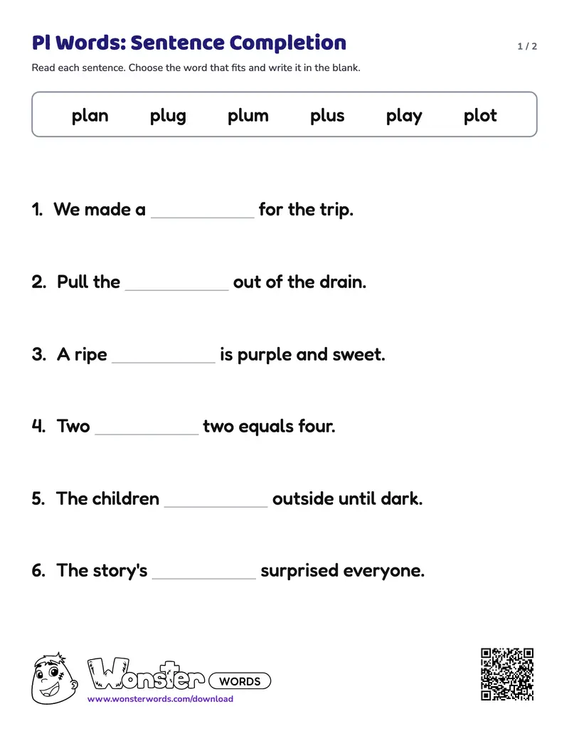 Page 1 of the Pl Words: Sentence Completion worksheet (2 pages): 6 sentences, answer key included