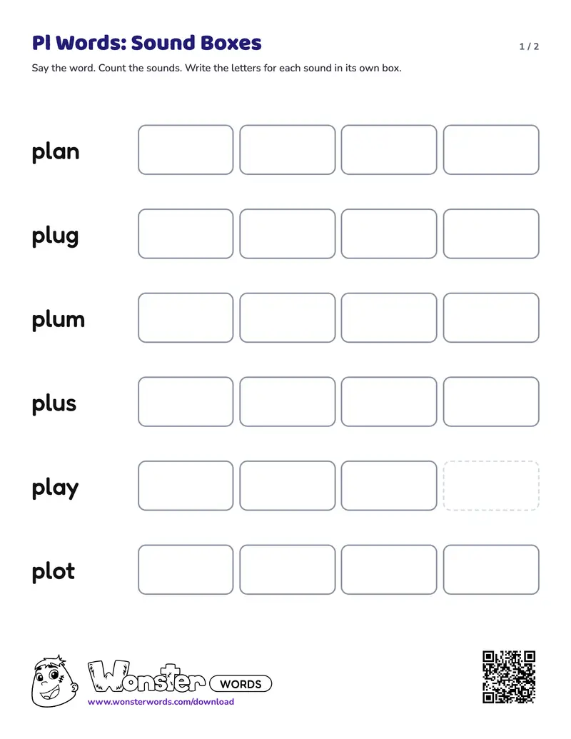 Page 1 of the Pl Words: Sound Boxes worksheet (2 pages): 6 words, answer key included
