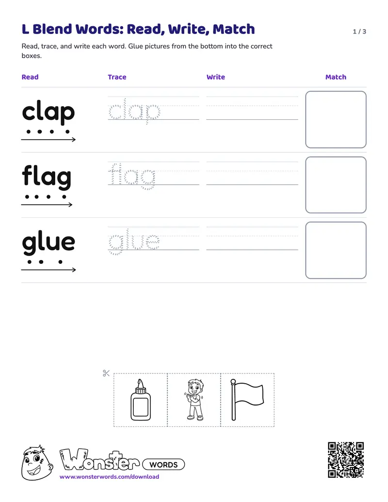 Page 1 of the L Blend Words: Read, Write, Match worksheet (3 pages): 5 words, answer key included