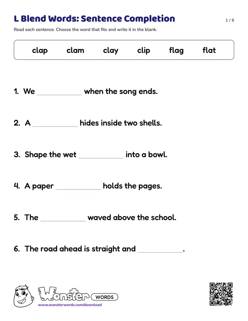 Page 1 of the L Blend Words: Sentence Completion worksheet (6 pages): 14 sentences, answer key included