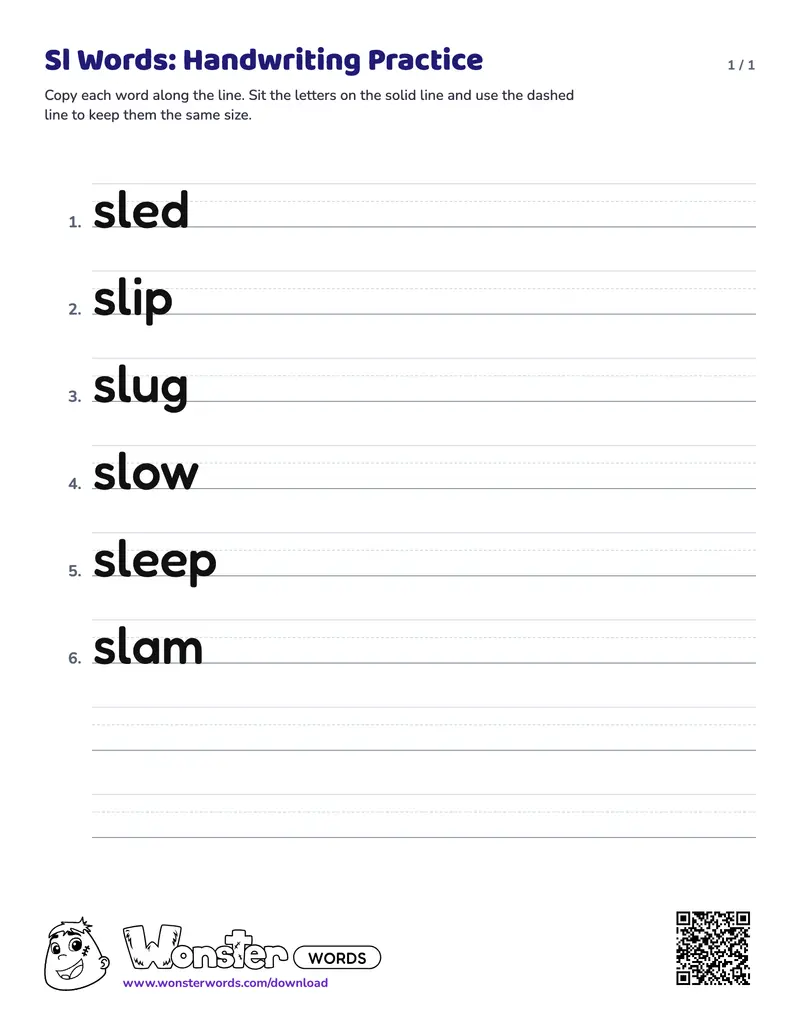 The Sl Words: Handwriting Practice worksheet: 6 words