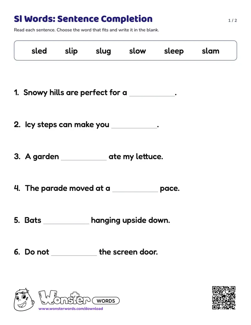 Page 1 of the Sl Words: Sentence Completion worksheet (2 pages): 6 sentences, answer key included