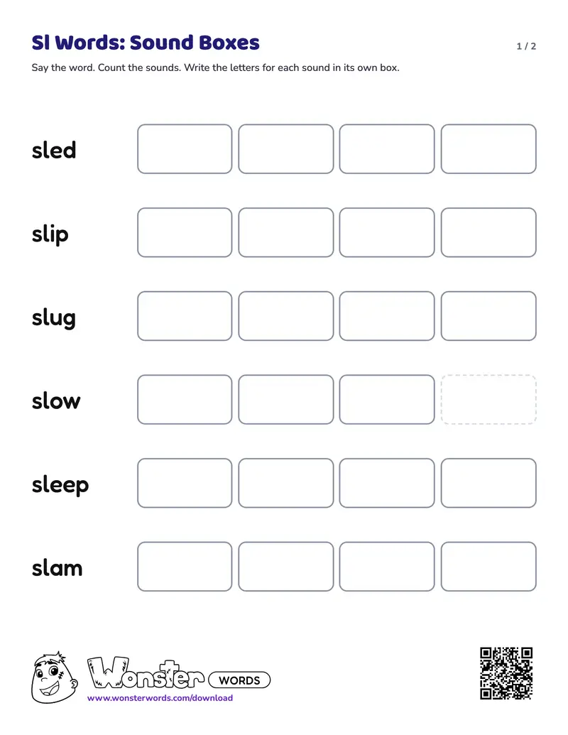 Page 1 of the Sl Words: Sound Boxes worksheet (2 pages): 6 words, answer key included