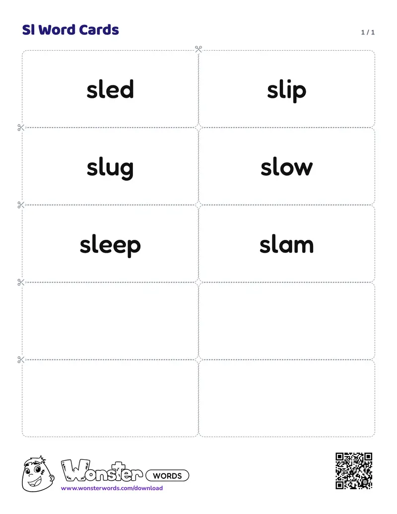 The Sl Word Cards worksheet: 6 cards