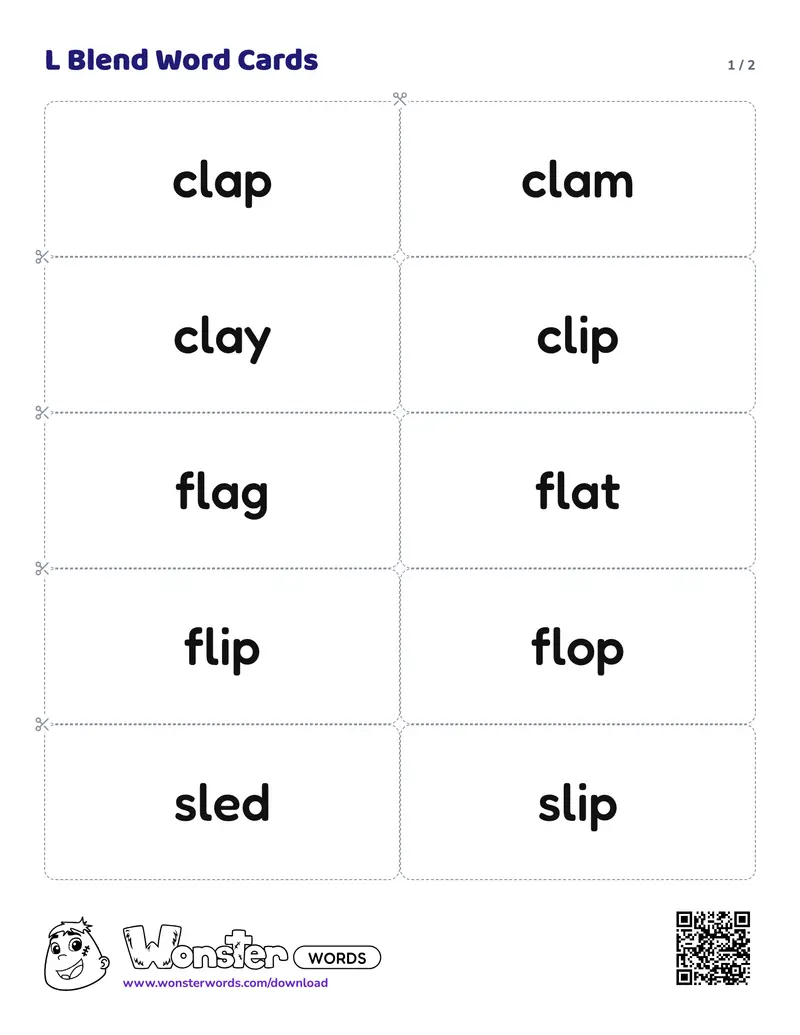 Page 1 of the L Blend Word Cards worksheet (2 pages): 14 cards