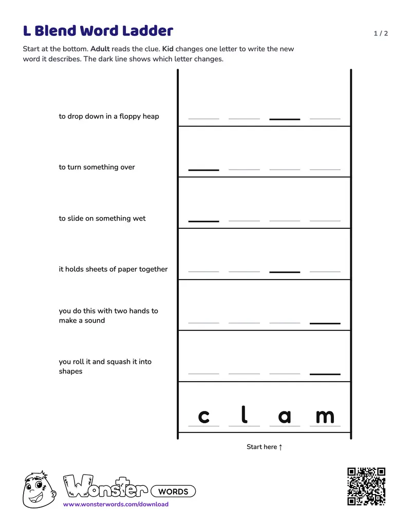 Page 1 of the L Blend Word Ladder worksheet (2 pages): 7 rungs, answer key included