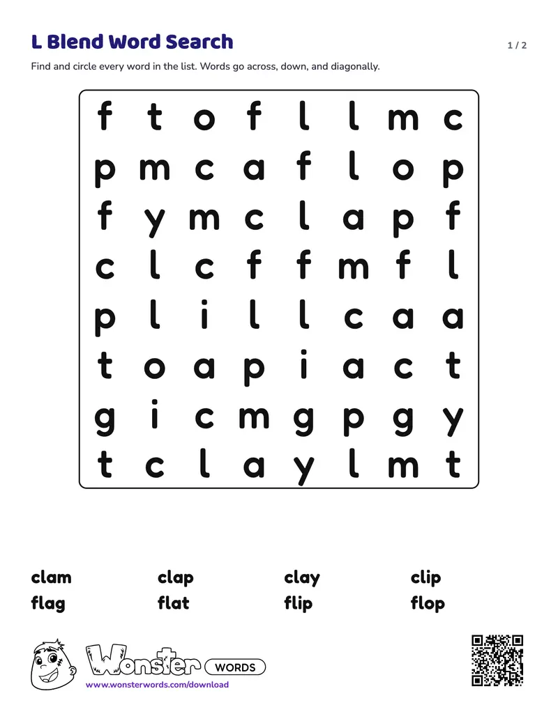 Page 1 of the L Blend Word Search worksheet (2 pages): 8 words, answer key included