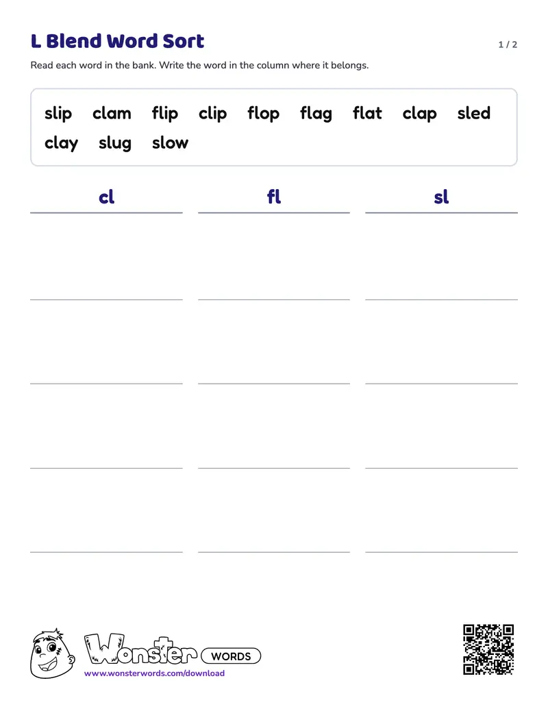 Page 1 of the L Blend Word Sort worksheet (2 pages): 12 words, answer key included