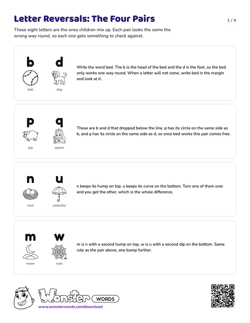 Page 1 of the Letter Reversals: Find Them All worksheet (4 pages): 4 pairs, answer key included