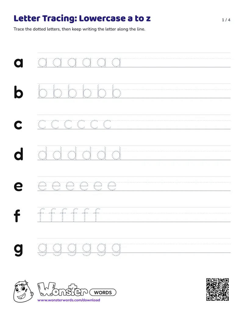 Page 1 of the Letter Tracing: Lowercase worksheet (4 pages): 26 letters