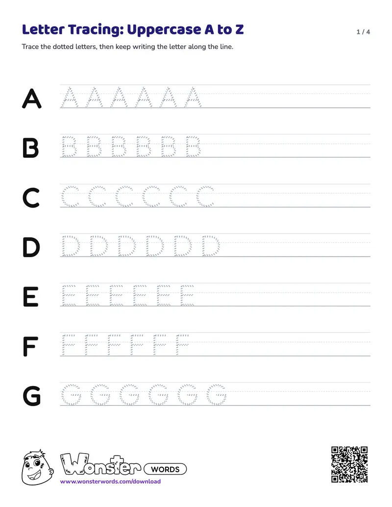 Page 1 of the Letter Tracing: Uppercase worksheet (4 pages): 26 letters