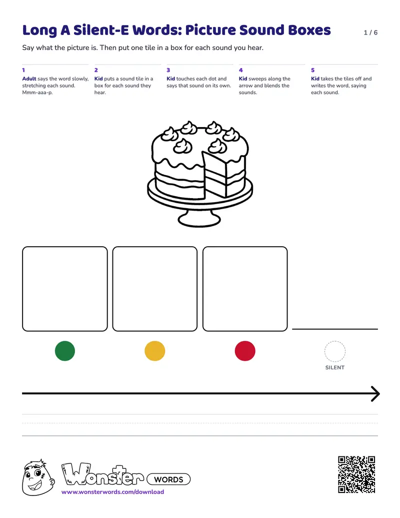 Page 1 of the Long A Silent-E Words: Picture Sound Boxes worksheet (6 pages): 3 picture mats, answer key included