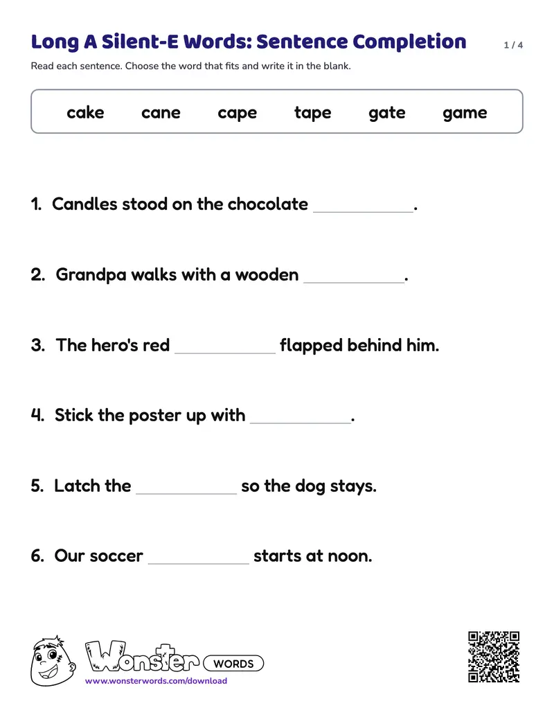 Page 1 of the Long A Silent-E Words: Sentence Completion worksheet (4 pages): 10 sentences, answer key included