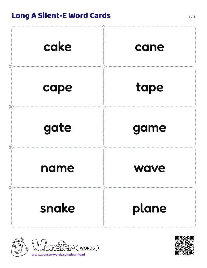 The Long A Silent-E Word Cards worksheet: 10 cards