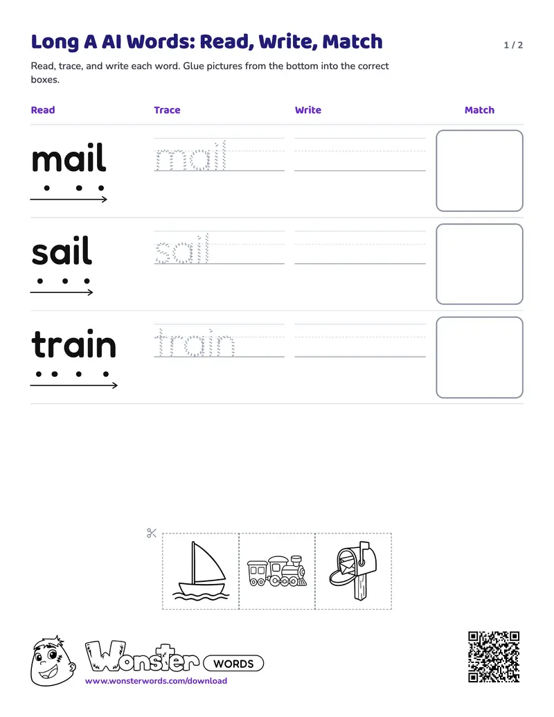 Page 1 of the Long A AI Words: Read, Write, Match worksheet (2 pages): 3 words, answer key included