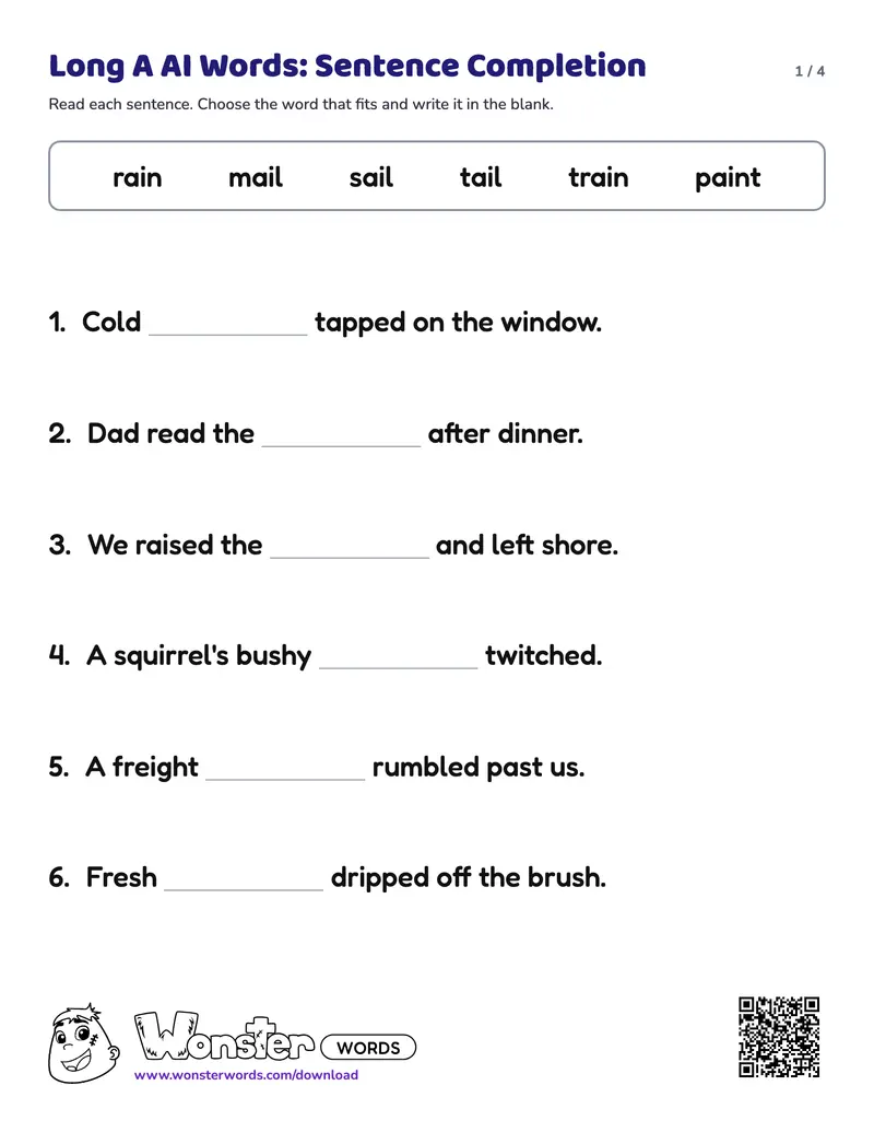 Page 1 of the Long A AI Words: Sentence Completion worksheet (4 pages): 8 sentences, answer key included