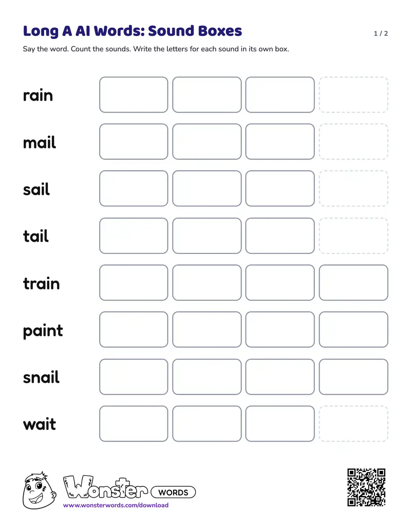 Page 1 of the Long A AI Words: Sound Boxes worksheet (2 pages): 8 words, answer key included