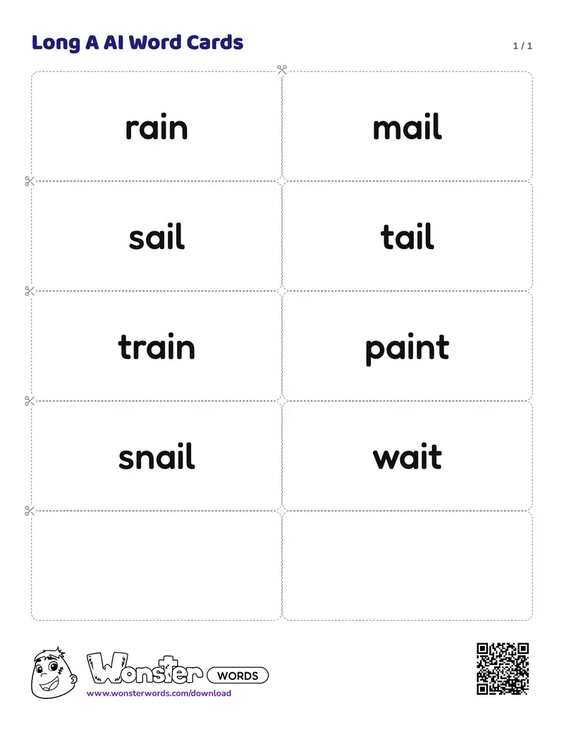 The Long A AI Word Cards worksheet: 8 cards