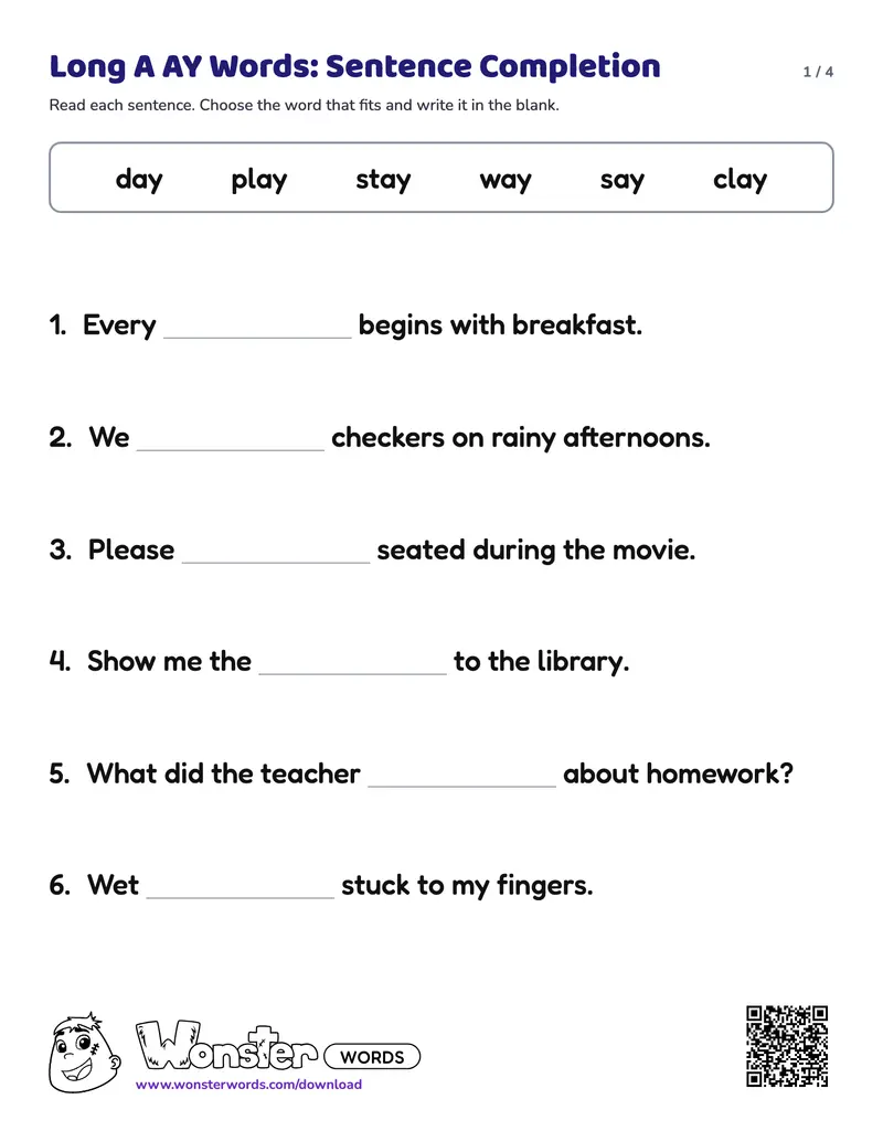 Page 1 of the Long A AY Words: Sentence Completion worksheet (4 pages): 8 sentences, answer key included