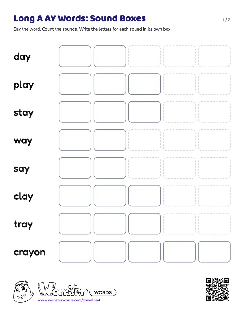 Page 1 of the Long A AY Words: Sound Boxes worksheet (2 pages): 8 words, answer key included