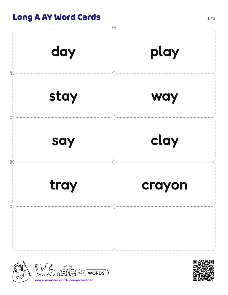 The Long A AY Word Cards worksheet: 8 cards