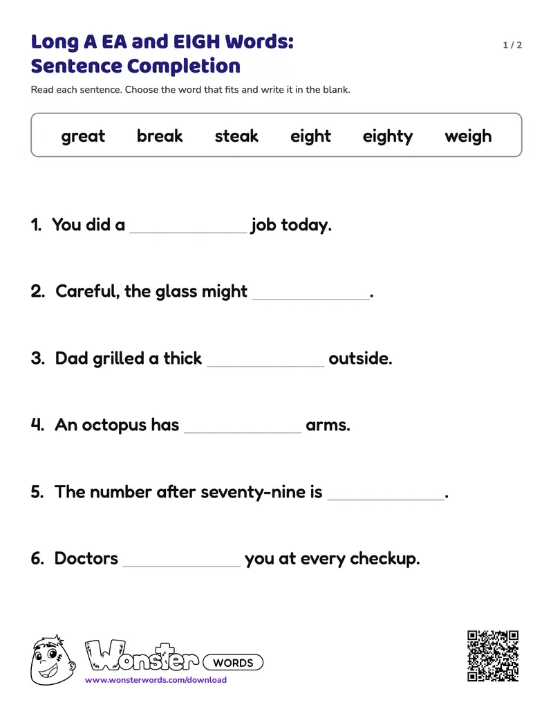 Page 1 of the Long A EA and EIGH Words: Sentence Completion worksheet (2 pages): 6 sentences, answer key included