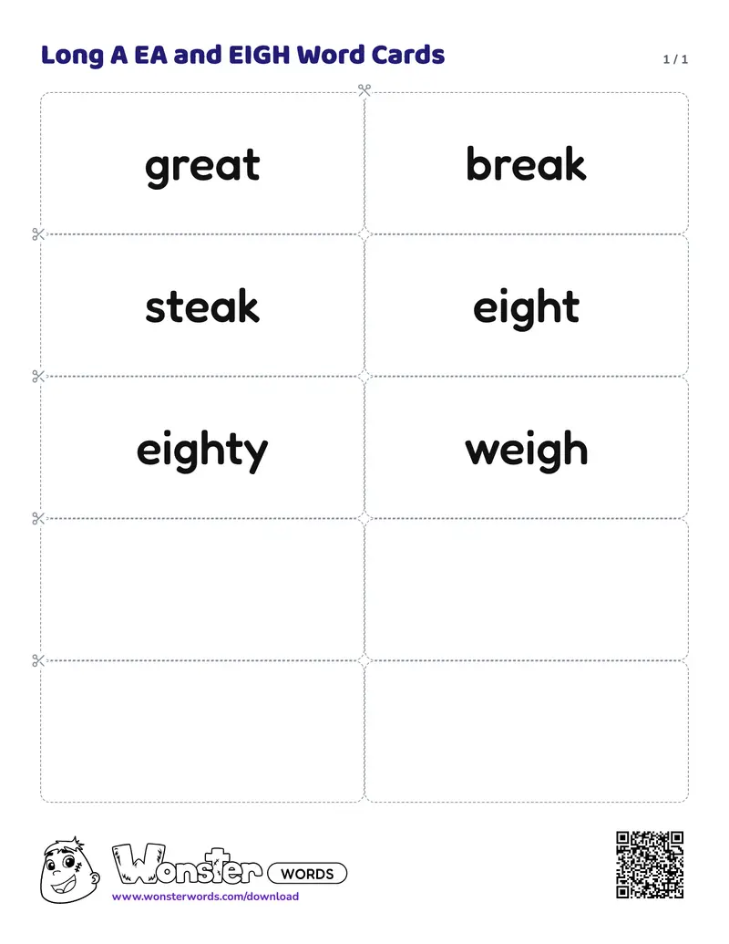 The Long A EA and EIGH Word Cards worksheet: 6 cards