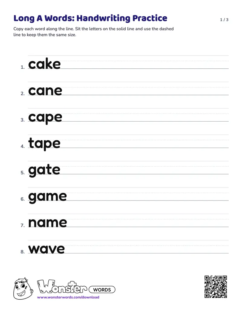 Page 1 of the Long A Words: Handwriting Practice worksheet (3 pages): 20 words