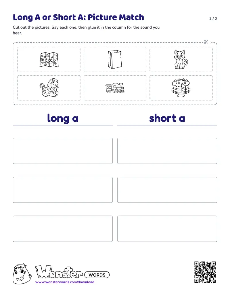 Page 1 of the Long A or Short A: Picture Match worksheet (2 pages): 6 pictures, answer key included