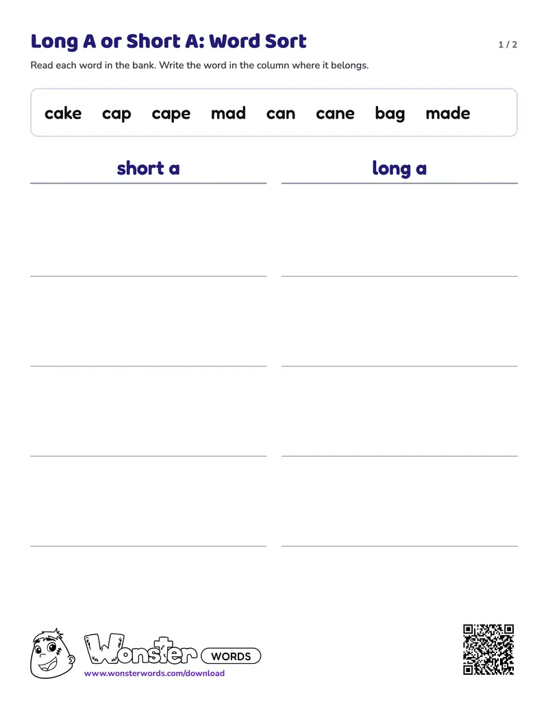 Page 1 of the Long A or Short A: Word Sort worksheet (2 pages): 8 words, answer key included
