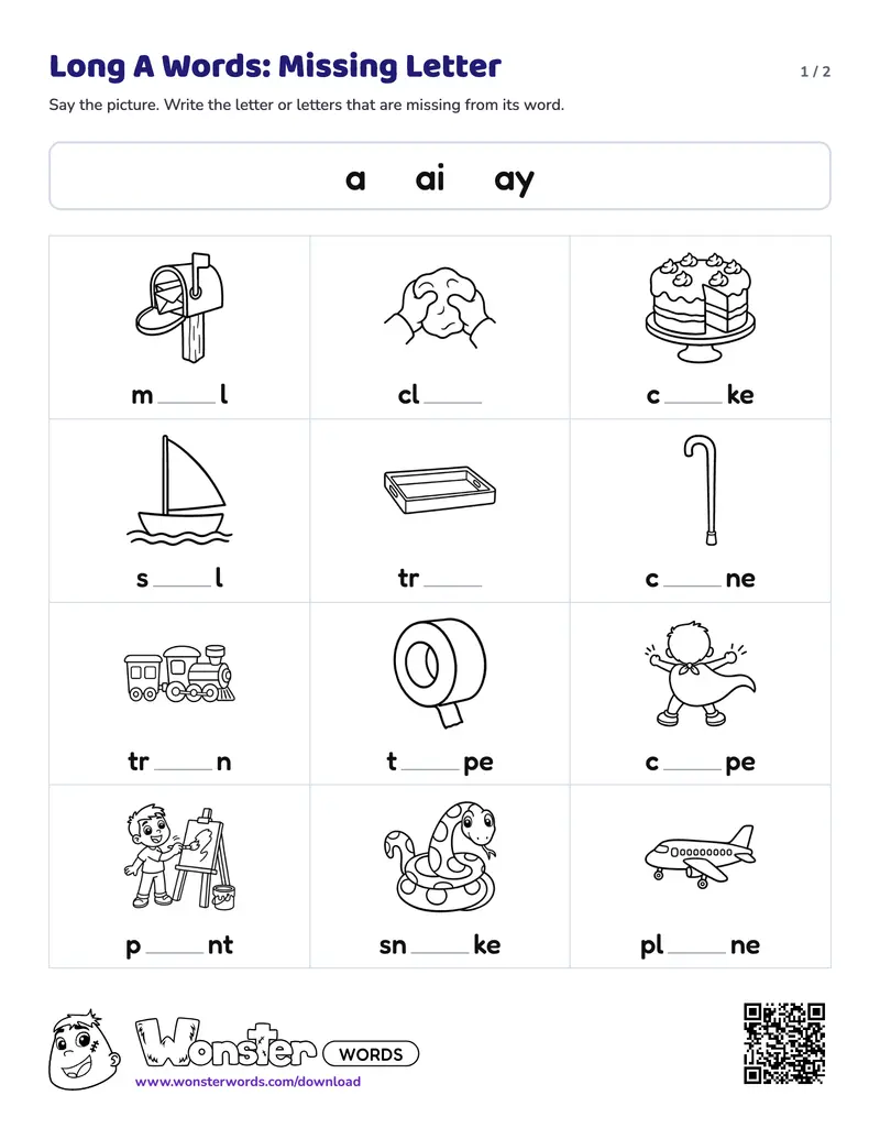 Page 1 of the Long A Words: Missing Letter worksheet (2 pages): 12 pictures, answer key included