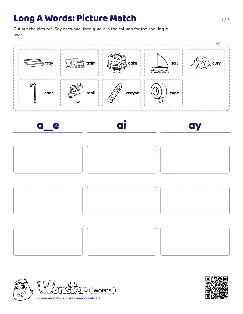 Page 1 of the Long A Words: Picture Match worksheet (2 pages): 9 pictures, answer key included