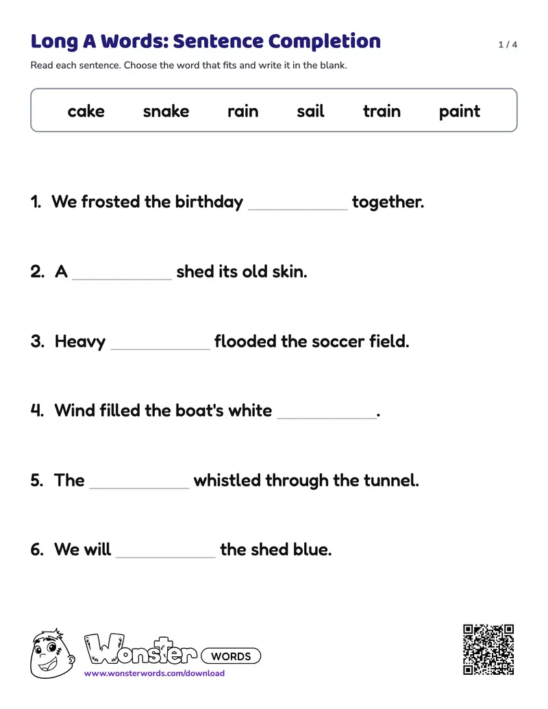 Page 1 of the Long A Words: Sentence Completion worksheet (4 pages): 12 sentences, answer key included