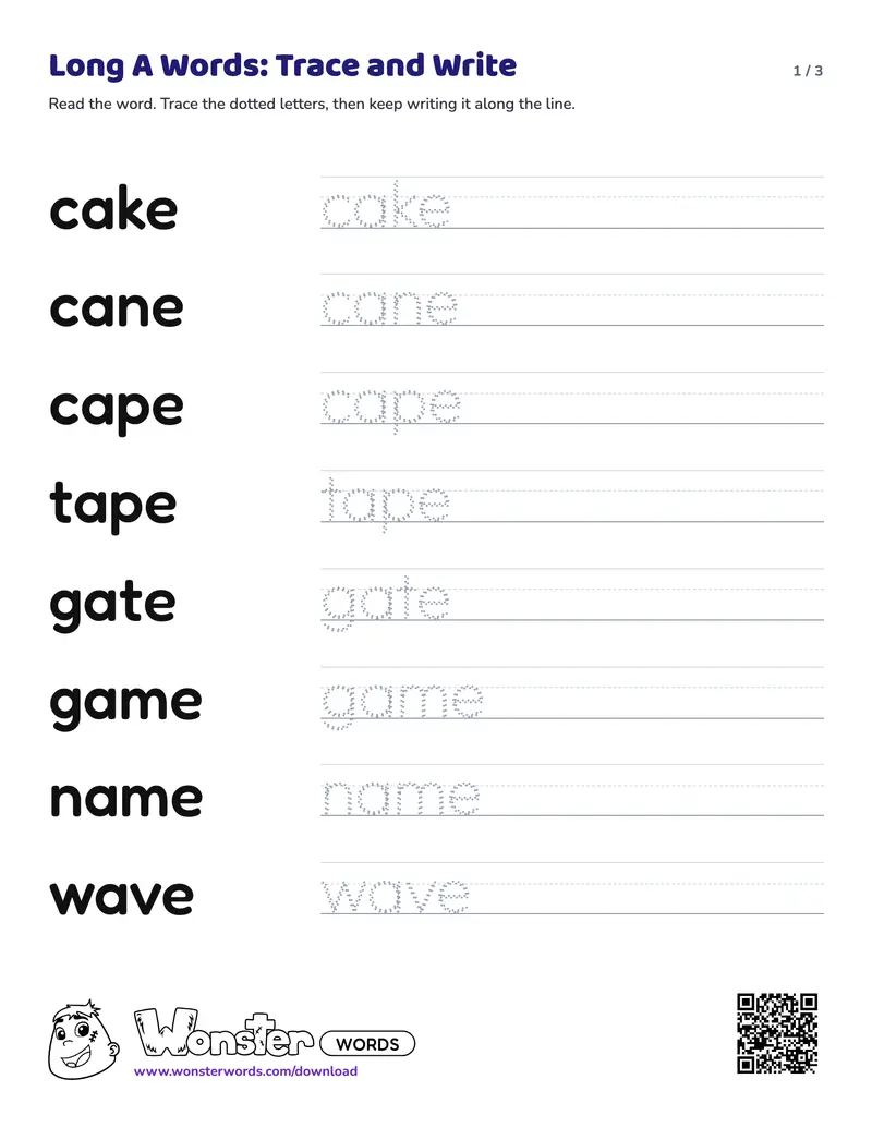 Page 1 of the Long A Words: Trace and Write worksheet (3 pages): 20 words