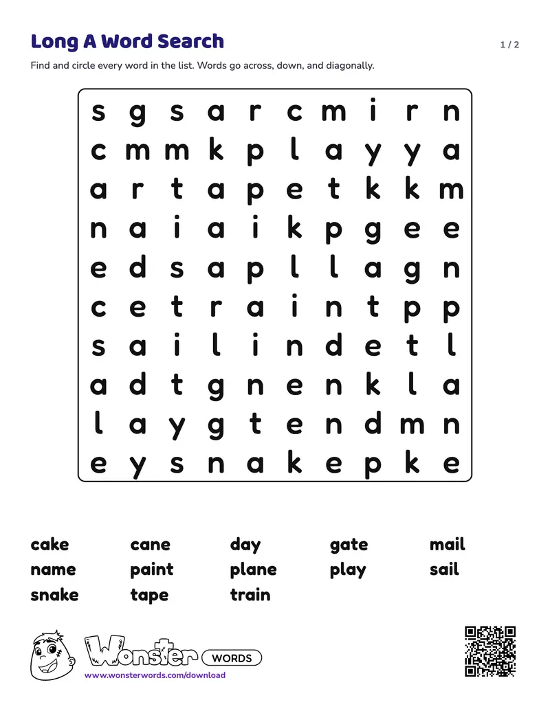 Page 1 of the Long A Word Search worksheet (2 pages): 13 words, answer key included