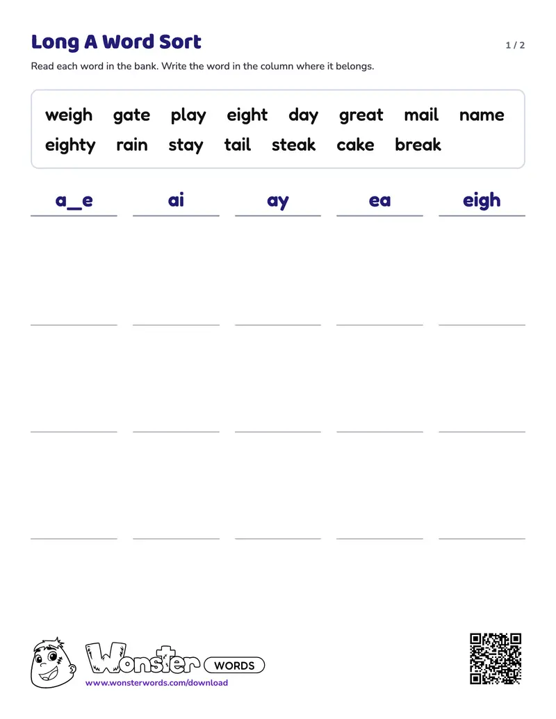Page 1 of the Long A Word Sort worksheet (2 pages): 15 words, answer key included