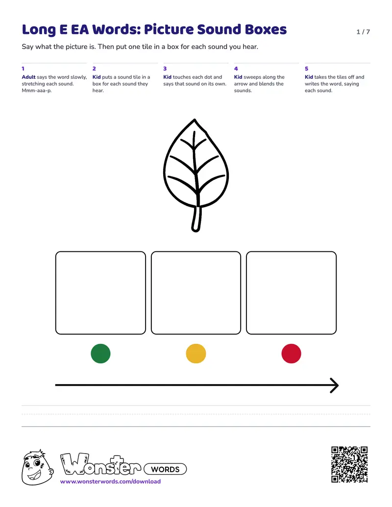 Page 1 of the Long E EA Words: Picture Sound Boxes worksheet (7 pages): 4 picture mats, answer key included