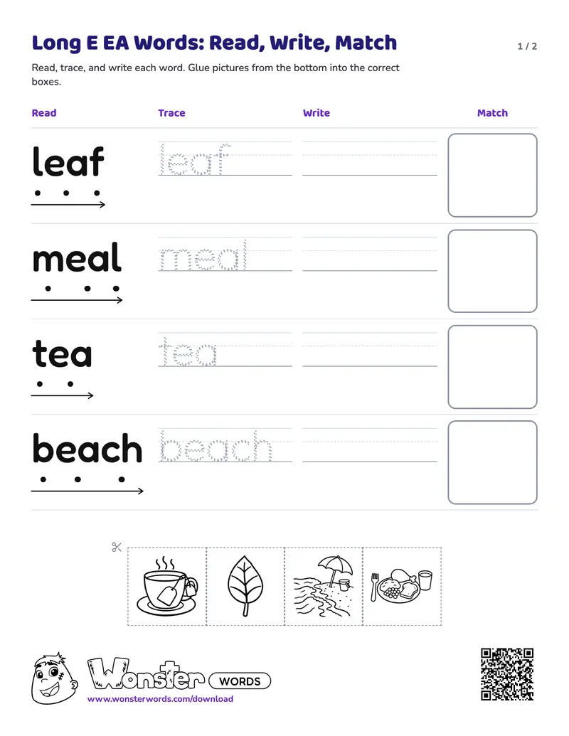 Page 1 of the Long E EA Words: Read, Write, Match worksheet (2 pages): 4 words, answer key included