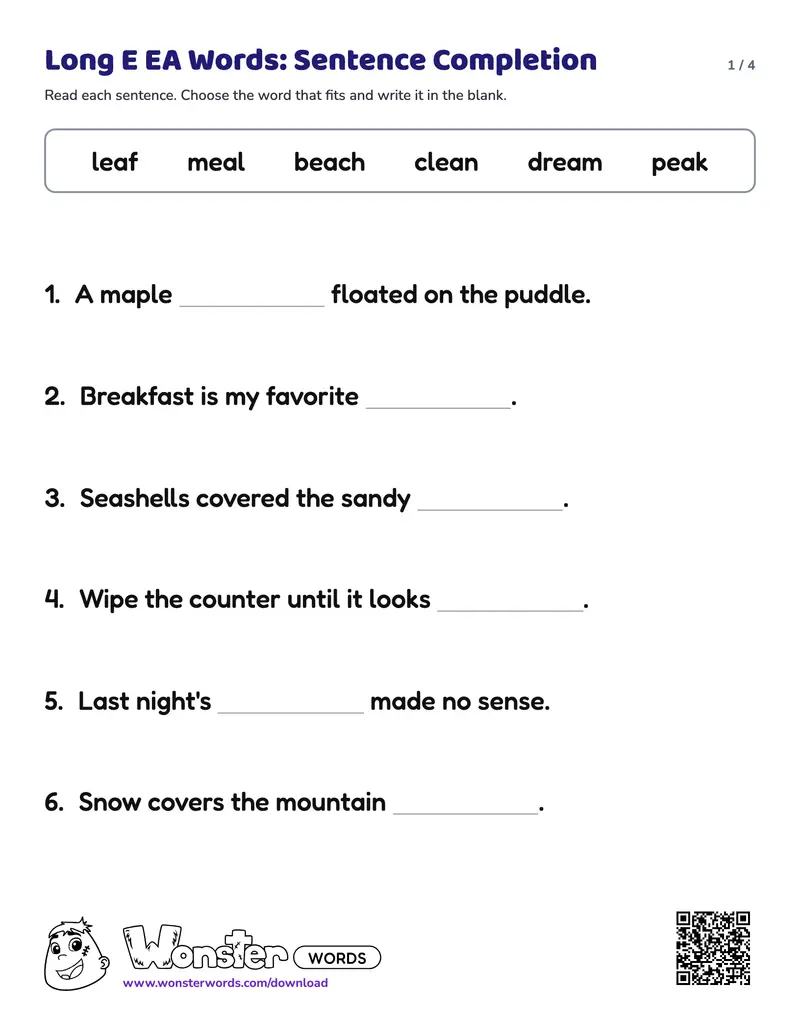 Page 1 of the Long E EA Words: Sentence Completion worksheet (4 pages): 7 sentences, answer key included