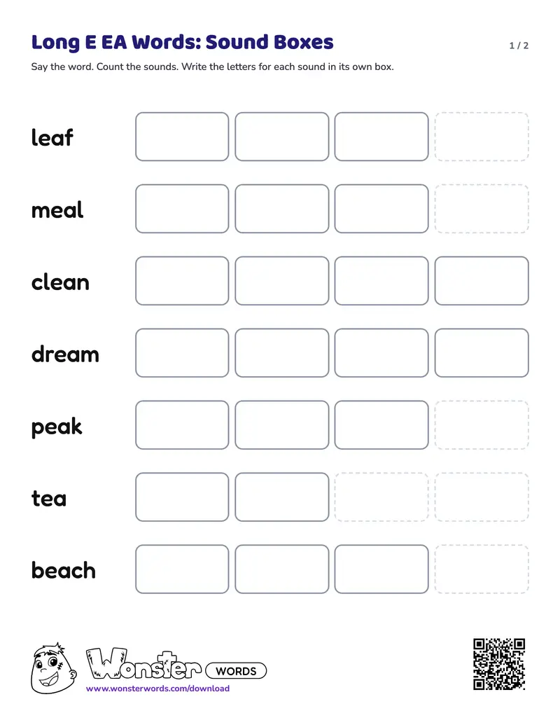 Page 1 of the Long E EA Words: Sound Boxes worksheet (2 pages): 7 words, answer key included