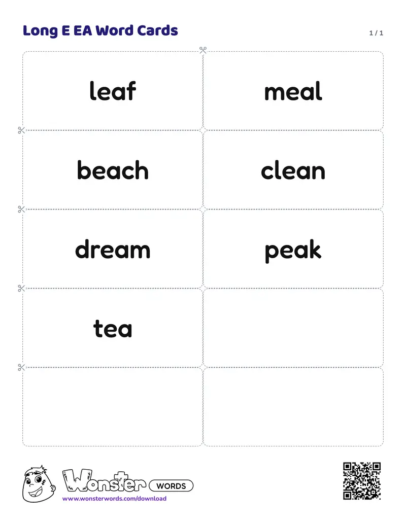 The Long E EA Word Cards worksheet: 7 cards