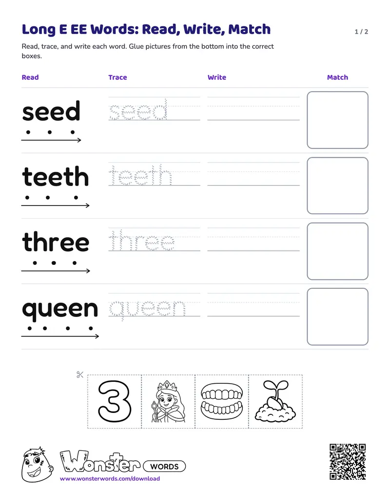 Page 1 of the Long E EE Words: Read, Write, Match worksheet (2 pages): 4 words, answer key included