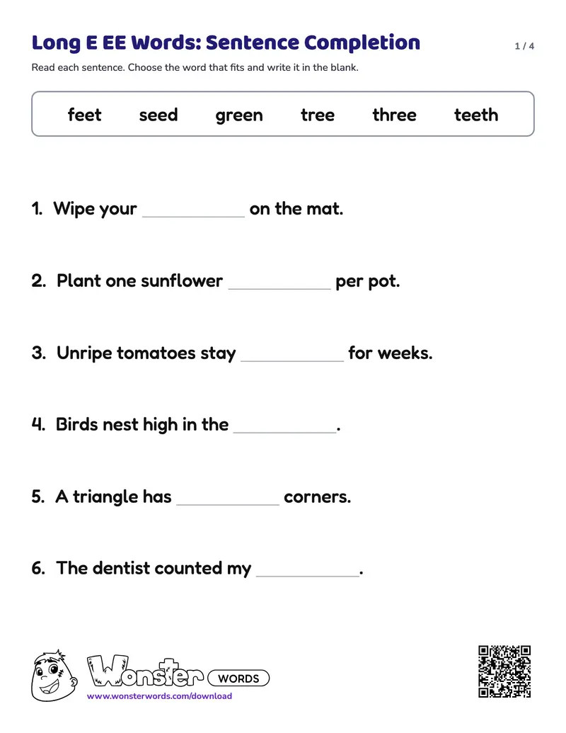 Page 1 of the Long E EE Words: Sentence Completion worksheet (4 pages): 10 sentences, answer key included