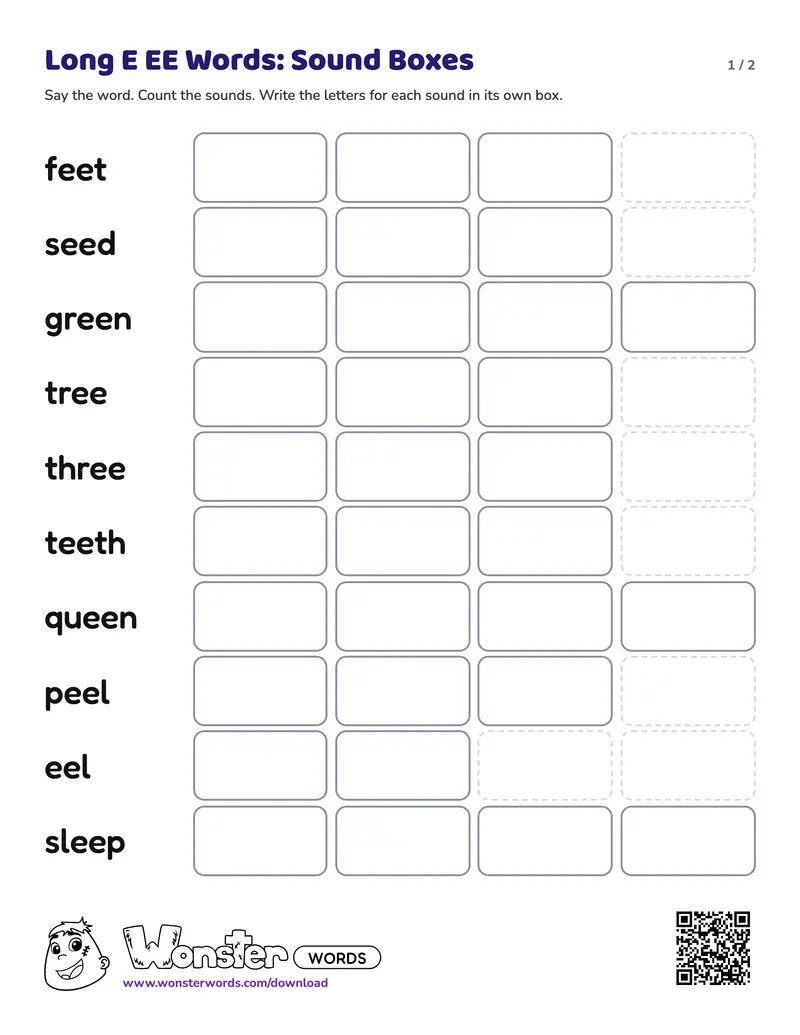 Page 1 of the Long E EE Words: Sound Boxes worksheet (2 pages): 10 words, answer key included