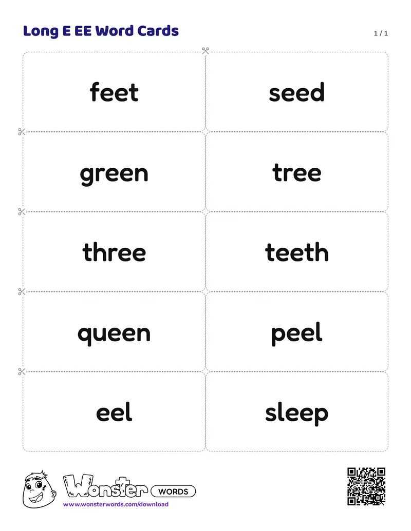 The Long E EE Word Cards worksheet: 10 cards
