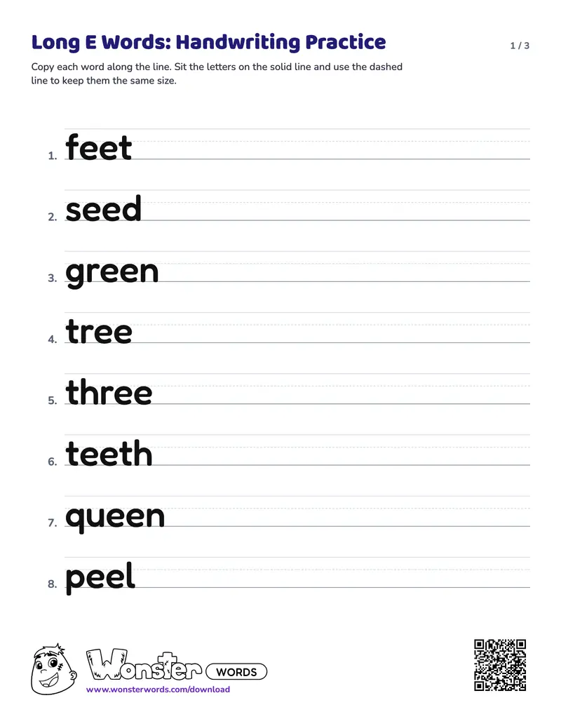 Page 1 of the Long E Words: Handwriting Practice worksheet (3 pages): 20 words