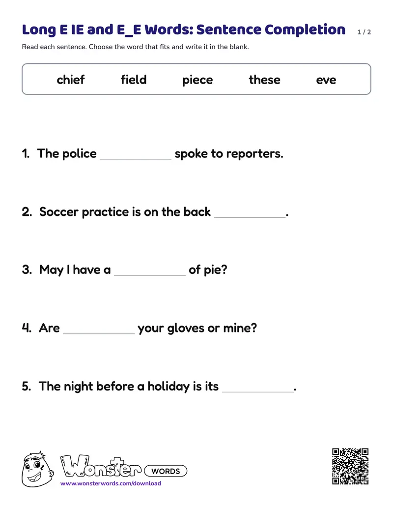 Page 1 of the Long E IE and E_E Words: Sentence Completion worksheet (2 pages): 5 sentences, answer key included