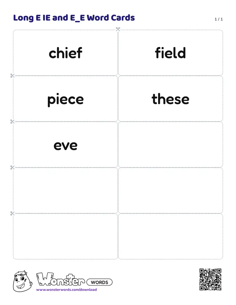 The Long E IE and E_E Word Cards worksheet: 5 cards